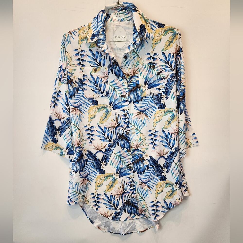 New Blue & White Tropical Print Shirt Coverup Women's Oversized‎ Hawaiian M